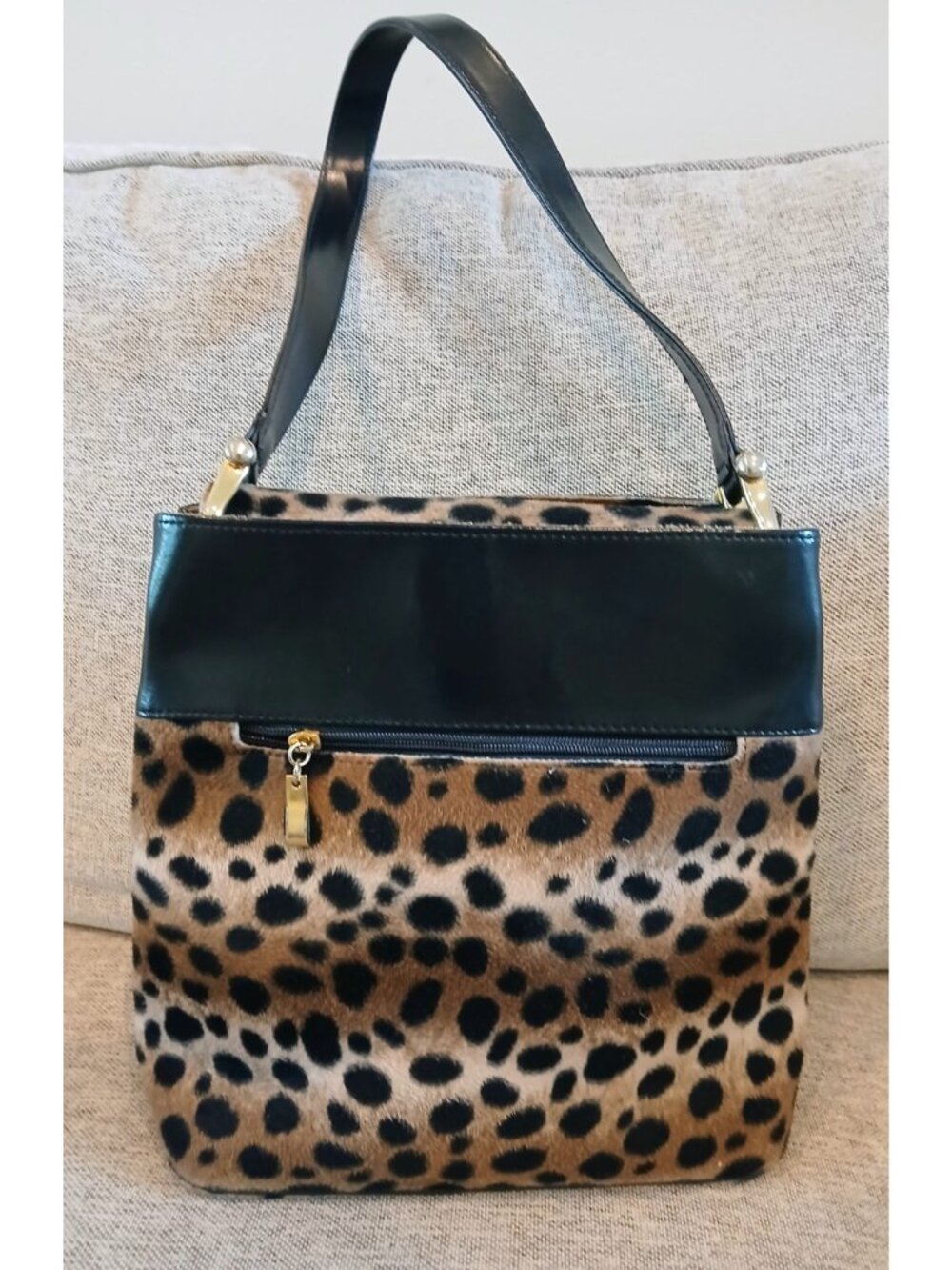 Focus Paris Leopard Print Leather Shoulder Bag Purse Made in France 12in